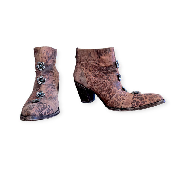 Old Gringo Leopard Print Brown Floral Distressed Leather Booties - Picture 1 of 7